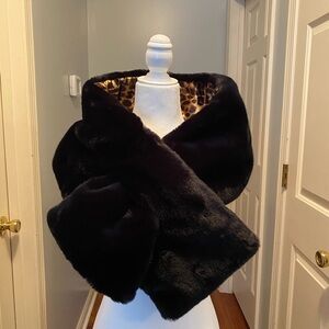 White House Black Market Black Faux Fur Wrap with Leopard Lining